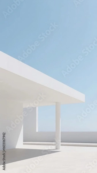Fototapeta Modern minimalist architecture with white columns and a clear blue sky