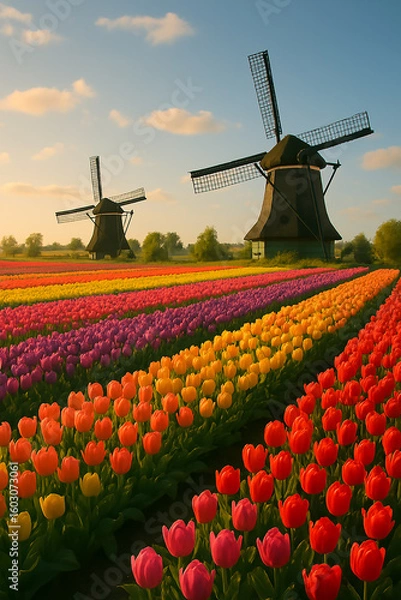 Fototapeta  A vibrant field of tulips in various colors, stretching under a clear blue sky.