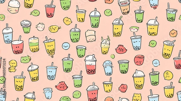 Fototapeta Cute Bubble Tea Seamless Pattern with Kawaii Faces, Colorful Boba Drinks on Light Pink Background
