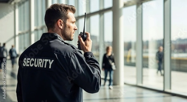 Obraz Security officer using walkie talkie inside modern building during patrol with copy space.