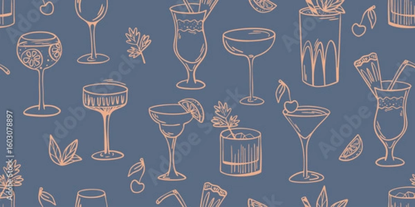 Fototapeta Seamless vector pattern with hand drawn cocktail glasses and drinks on dark background