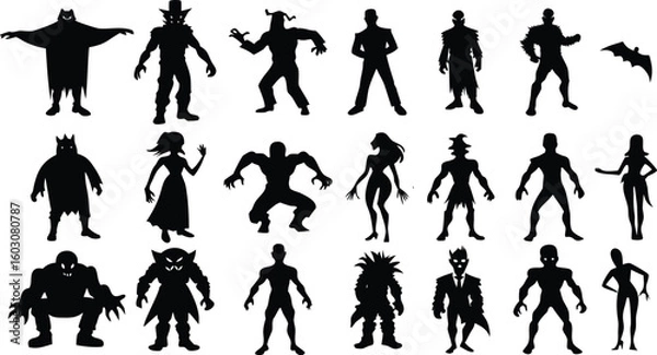 Fototapeta  Vector art of silhouettes of various monsters and creatures are displayed for halloween