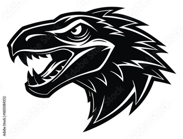 Obraz Stylized Dinosaur Head Vector Illustration in Black and White Featuring Sharp Teeth and Angular Design
