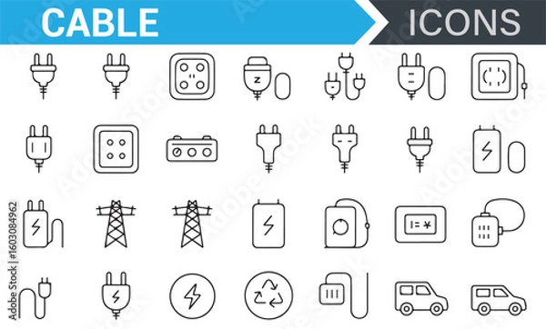 Fototapeta Set of Power and Cable Connection Icons, Electrical Sockets, Plugs, and Charging Symbols