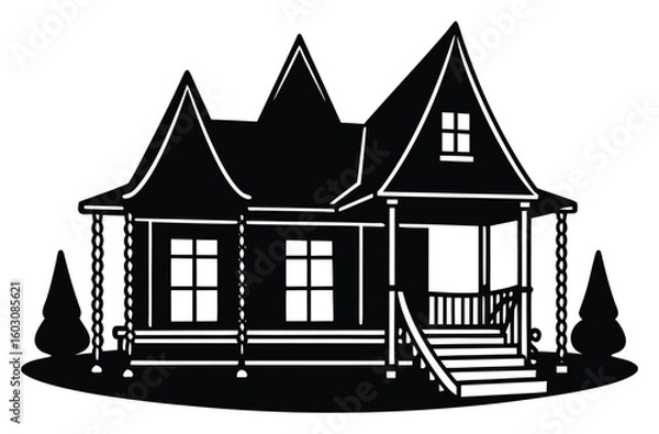 Obraz Black and White Silhouette of a Victorian House with Porch and Trees Perfect for Spooky Design