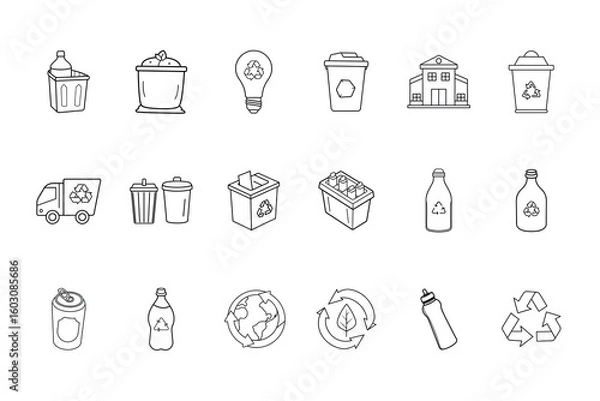 Fototapeta Collection line art icons related to recycling waste management trash