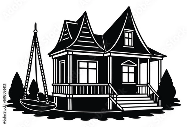 Obraz Charming Black and White House Illustration with Swing Set and Porch Ideal for Architectural Designs and Real Estate Concepts