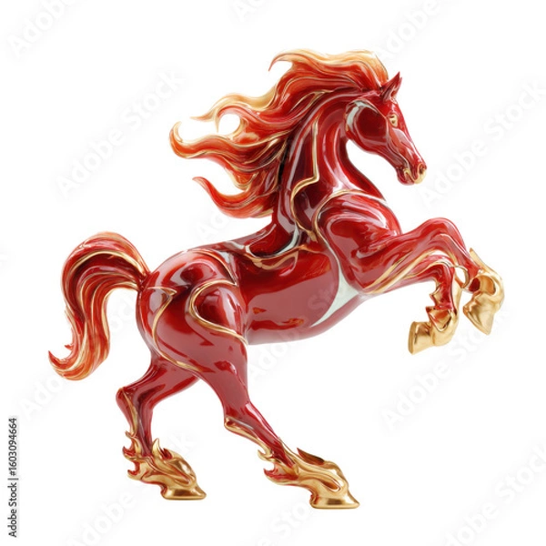 Fototapeta Red and gold decorative horse statue with dynamic pose, holiday collectible, isolated on transparent background
