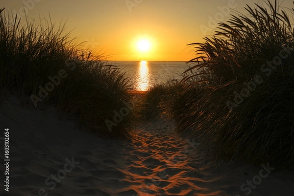 Fototapeta Dunes of Texel in the Netherlands, beauty of nature, sunrise, holiday, free, silence, from darkness to light
