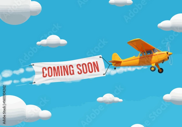 Fototapeta Exciting New Adventure Awaits as Our Airplane Soars Through the Clouds with a Big Coming Soon Banner Announcing Future Events and Experiences