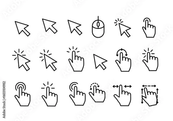 Fototapeta Collection of Cursor Icons Demonstrating Various Pointer Actions and Computer Interaction Symbols