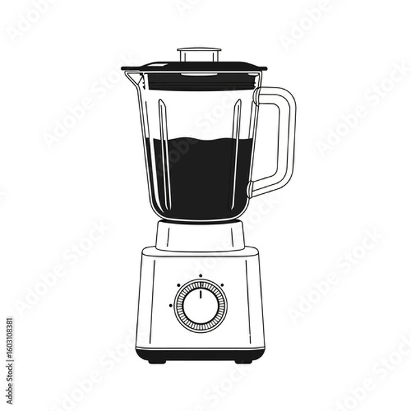 Obraz A detailed sketch of a vintage style electric blender with a glass jar filled with dark liquid on a white background