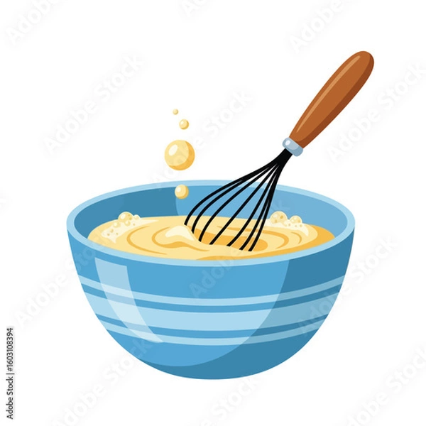 Obraz A whisk with a wooden handle is actively mixing a smooth creamy batter in a bright blue striped bowl
