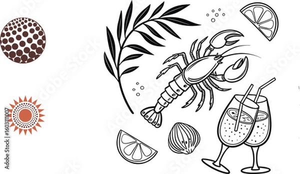 Obraz Mediterranean Sketch, Lemons, Seafood & Coastal Decor, Elements in Monochrome and Orange, Orange Mid-Century Gallery Vector Set – Abstract Line Art & Shapes for Premium Art Projects