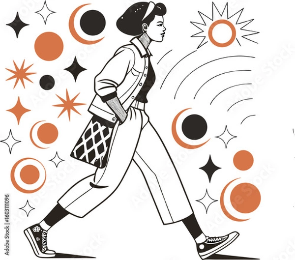 Fototapeta Mediterranean Sketch, Lemons, Seafood & Coastal Decor, Elements in Monochrome and Orange, Orange Mid-Century Gallery Vector Set – Abstract Line Art & Shapes for Premium Art Projects