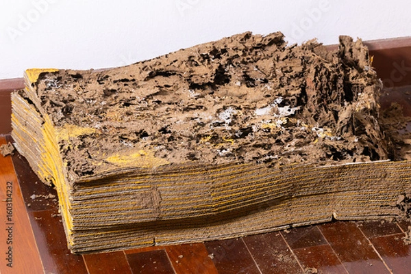 Obraz Stack of corrugated paper eaten by termite