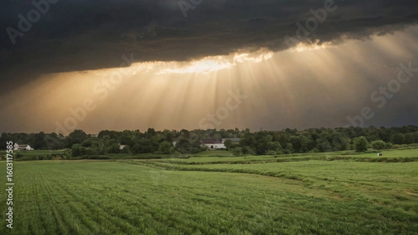 Fototapeta Sunlight breaking through storm clouds over farmland