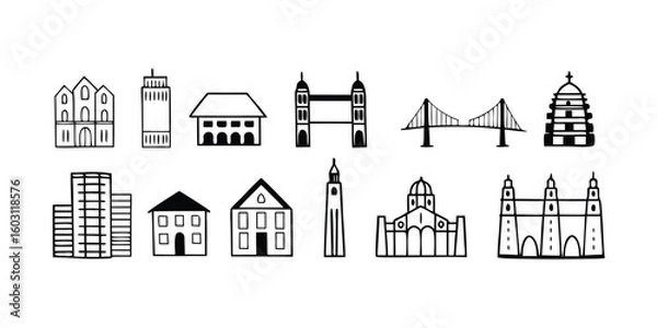 Fototapeta Black and White Building Icons Seamless Pattern Featuring Famous Landmarks on transparent background This seamless