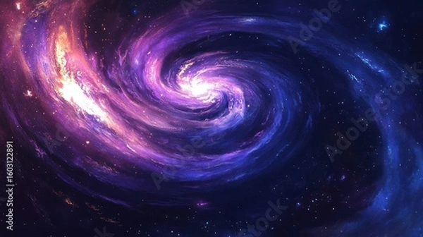 Fototapeta A swirling cosmic vortex of purple and orange hues fills the dark space.