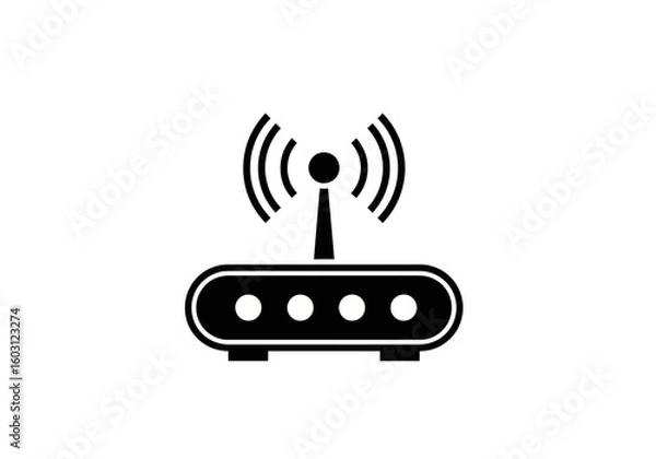 Obraz A simple black and white icon representing a wireless router with signal waves emanating from its antenna