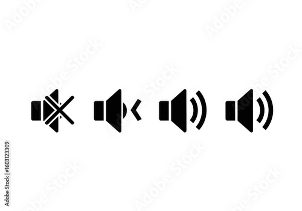 Obraz A row of four speaker icons illustrating different volume levels from mute to loud sound
