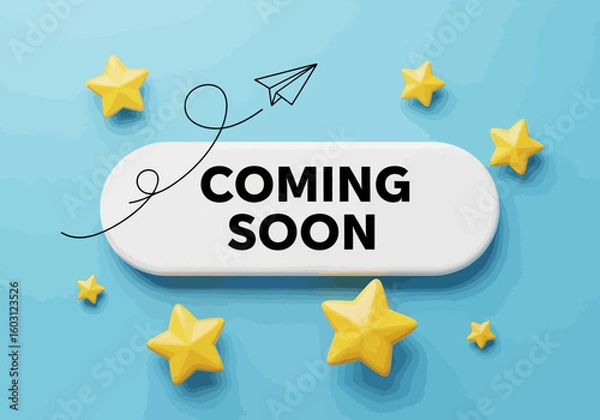 Obraz Exciting announcement coming soon featuring a whimsical paper airplane and sparkling stars on a bright blue background