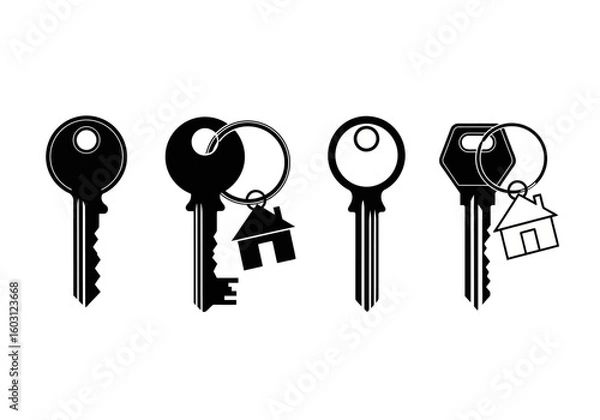 Obraz Collection of Black Silhouette House Keys with Keychains Showing Simple Home Icons symbolizing Property Ownership and Access