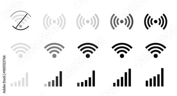 Obraz Various wifi and signal strength icons in shades of gray and black arranged on a white background
