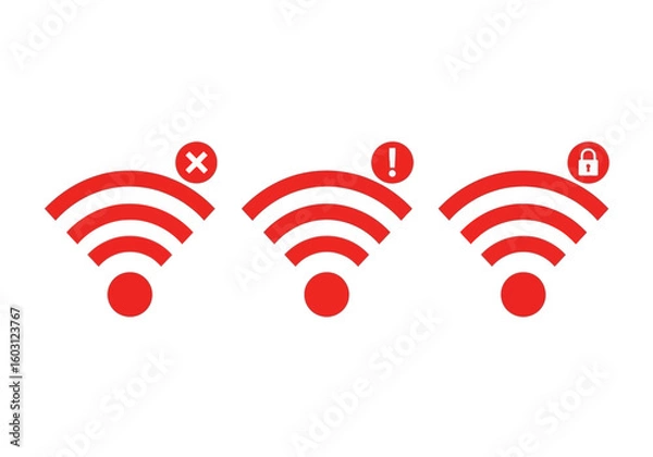 Obraz Three red wifi icons with different statuses on a white background showing connection issues and security