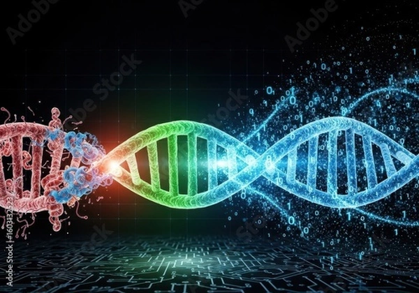 Fototapeta DNA Strand Digital Transformation with Binary Code and Circuit Board
