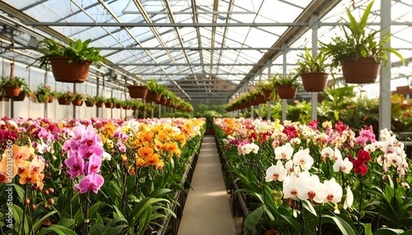 Obraz Orchid flowers in greenhouse interior.