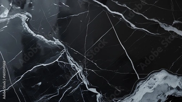 Fototapeta Deep Black Marble with Sharp Vein Streaks