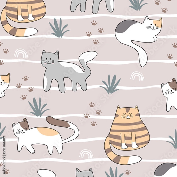 Obraz flat cartoon vector seamless pattern design of cute cats for kids apparel fullprint fabric