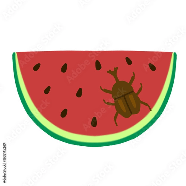 Obraz スイカを食べるカブトムシ
