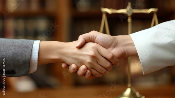 Fototapeta Two people shaking hands in a professional setting with a blurred scale of justice in the background.