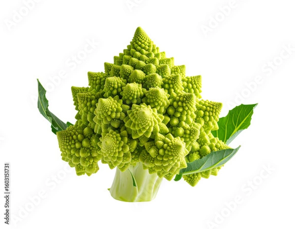 Fototapeta Single Romanesco broccoli floating in mid-air, isolated on white background, intricate fractal pattern clearly visible, PNG