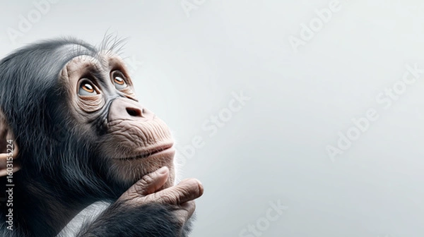 Fototapeta Pensive chimpanzee in thoughtful thinking pose. This intelligent animal portrait shows creature looking up, isolated on white background with studio lighting