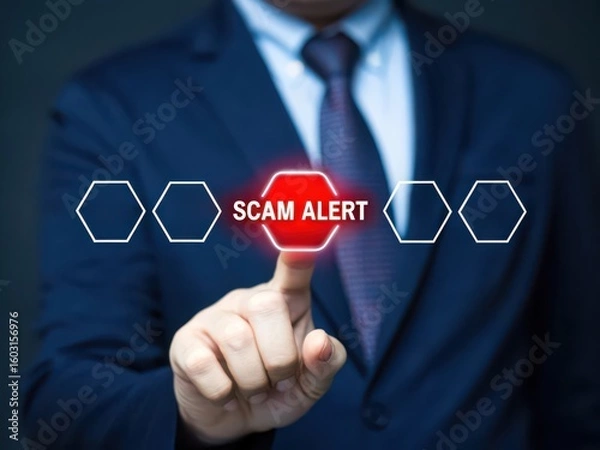 Fototapeta Businessman points to a digital screen displaying a scam alert warning
