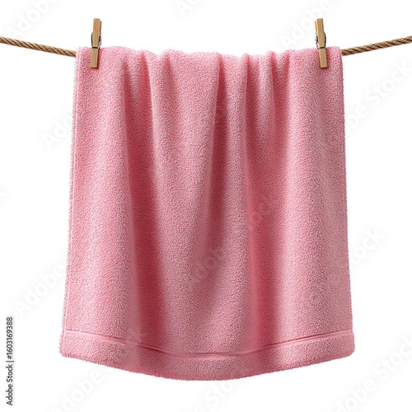 Fototapeta Soft pink towel hanging elegantly, perfect for adding a touch of color to your bathroom decor and cozy ambiance.
