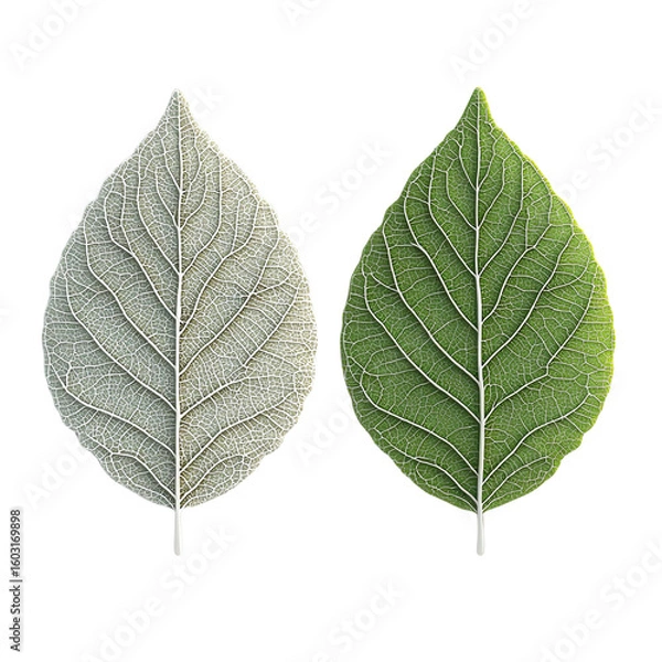 Fototapeta A detailed depiction of two distinct leaves, showcasing their unique textures and colors.