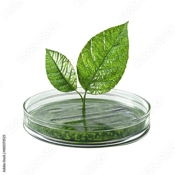 Fototapeta A vibrant green leaf emerging from a petri dish filled with algae, representing the synergy of nature and science.