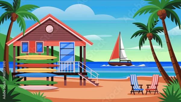 Fototapeta Coastal Paradise Illustration: Tropical Beach Scene with Hut, Palm Trees, Sailboat and Surfboards for Travel and Vacation