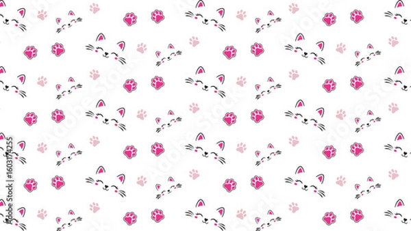 Fototapeta Playful Kitten & Paw Seamless Pattern – Calico Cat Cartoon Vector 