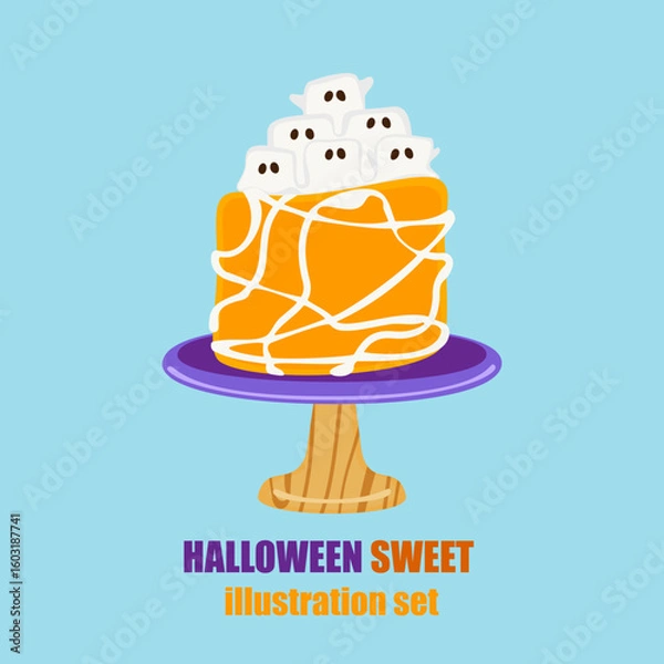 Fototapeta A fun and festive collection of Halloween cakes decorated with ghost faces, spooky eyes, dripping chocolate and pumpkin faces. Perfect for party themes, dessert menus or seasonal vector illustrations.