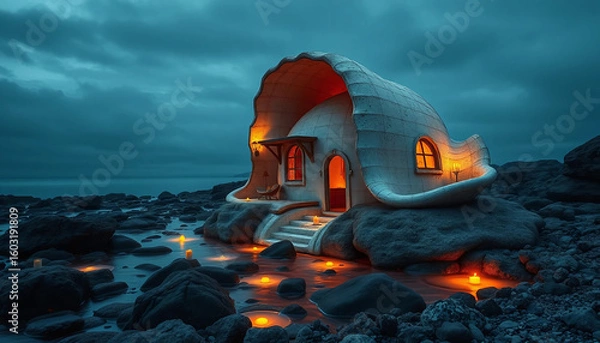 Fototapeta A seashell-shaped dwelling sitting like a relic atop glowing tide pools, its walls humming with candle warmth and sea hush.
