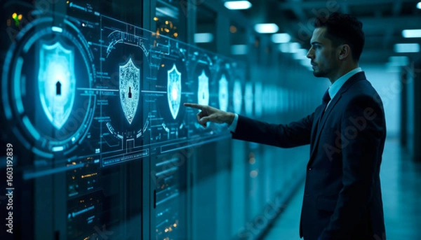 Fototapeta A Caucasian businessman in a dark blue suit touches a virtual screen displaying cyber shield icons in a brightly lit, modern office during a sunny afternoon.