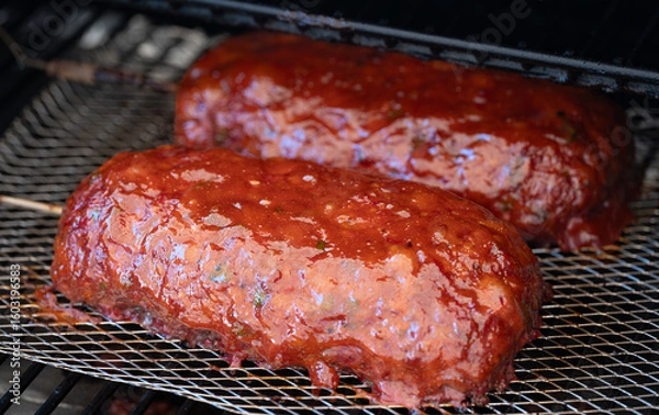 Obraz Overhead View of Smoked Meatloaf with BBQ Glaze