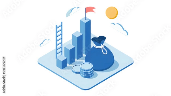 Fototapeta Reach your financial goals with climbing success, money bag, coins and ladder illustration