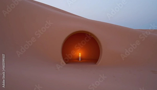 Fototapeta A retreat of smooth clay and silence sits within wind-sculpted dunes, its only adornment a flickering candle at twilight.
