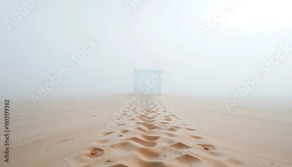 Fototapeta A narrow path of sand leads to a frameless glass cube, barely there against a sky washed in fog and soft gull cries.
